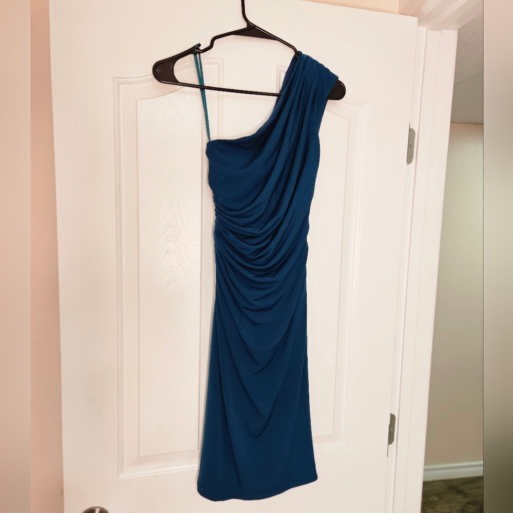 Le Chateau Deep Teal One Shoulder Dress, Made In Canada, Size XXS, Wedding Guest